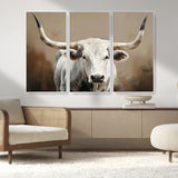 63550-MGV-CV-36X24-Texas Longhorn Wall Art Canvas Print, Framed White Bull Art Picture Print, Horned Cattle Perfect Rustic Western Decor Artwork