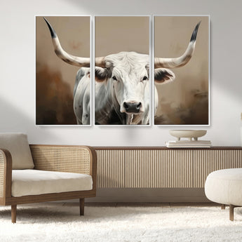 63550-MGV-CV-36X24-Texas Longhorn Wall Art Canvas Print, Framed White Bull Art Picture Print, Horned Cattle Perfect Rustic Western Decor Artwork