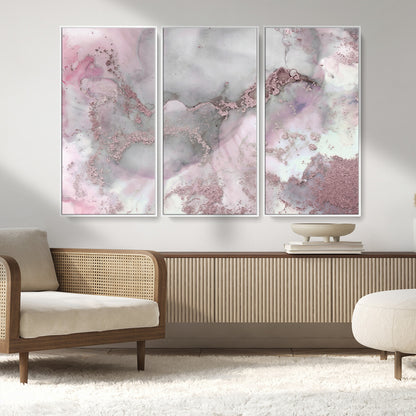16416-MGV-FC-48X32-3P_White-Blush Marble Wall Art Canvas Print, Framed Rose Gold Art Picture Print, Pink Cloudy Perfect Modern Glam Decor Artwork