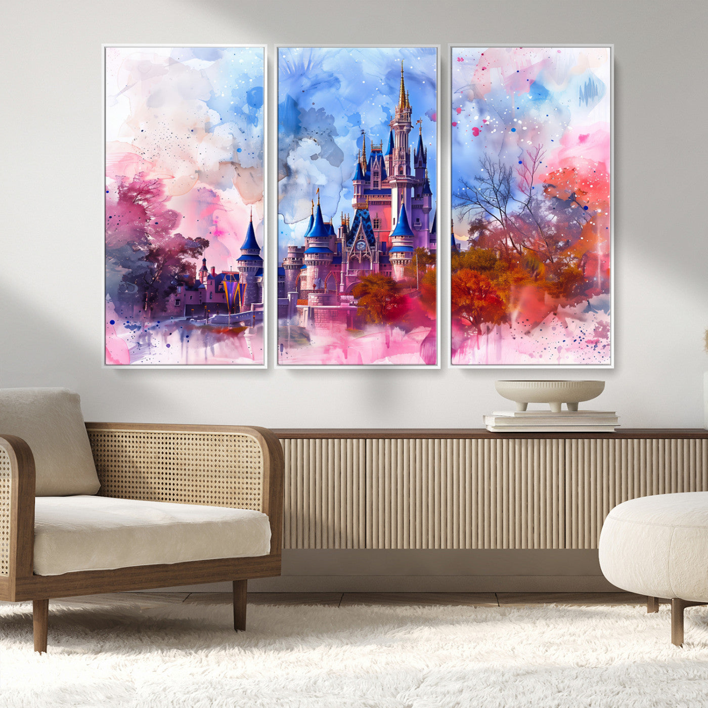 15129-MGV-FC-48X32-3P_White-Disney Castle Wall Art Canvas Print, Framed Cinderella Palace Art Picture Print, Fantasy Kingdom Perfect Whimsical Fairytale Decor