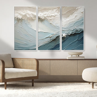 53646-MGV-FC-48X32-3P_White-Ocean Wave Wall Art Canvas Print, Framed Textured Seascape Art Picture Print, Modern Ocean Perfect Minimal Coastal 2/2 Decor