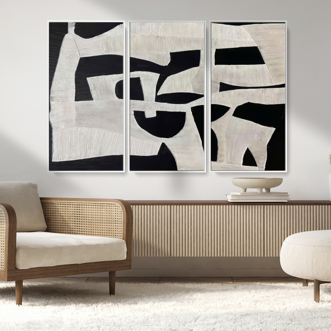 33714-MGV-FC-48X32-3P_White-Monochrome Design Wall Art Canvas Print, Framed Modern Linework Art Picture Print, Textured Shapes Perfect Monochrome Modern Decor