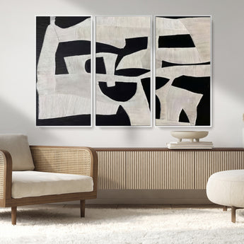 33714-MGV-FC-48X32-3P_White-Monochrome Design Wall Art Canvas Print, Framed Modern Linework Art Picture Print, Textured Shapes Perfect Monochrome Modern Decor