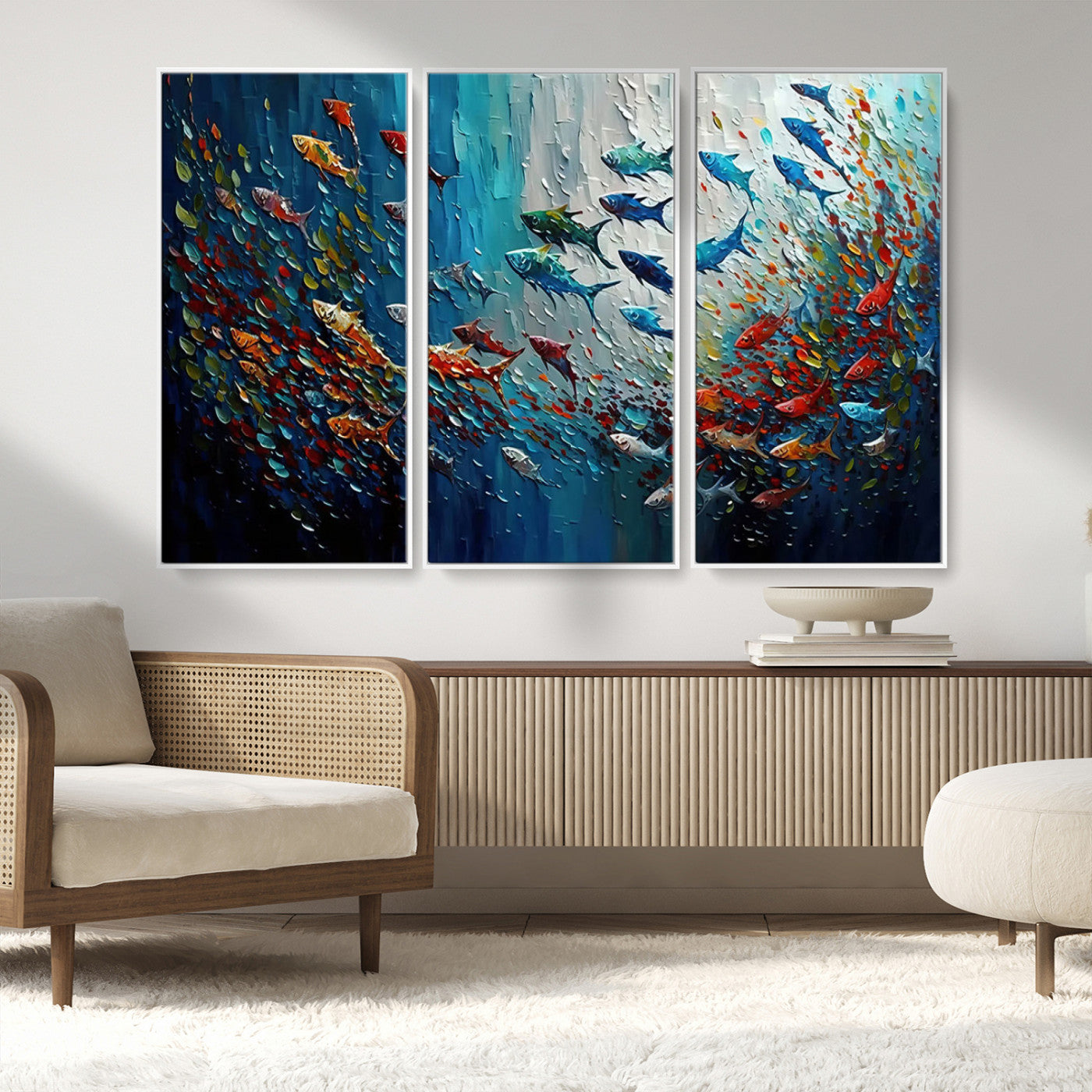 89626-MGV-FC-48X32-3P_White-Fish Swarm Wall Art Canvas Print, Framed Abstract Ocean Art Picture Print, Underwater Life Perfect Vibrant Coastal Decor Artwork