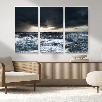 51359-MGV-FC-48X32-3P_White-Stormy Ocean Wall Art Canvas Print, Framed Moody Seascape Art Picture Print, Ocean Storm Perfect Dramatic Coastal Decor Artwork