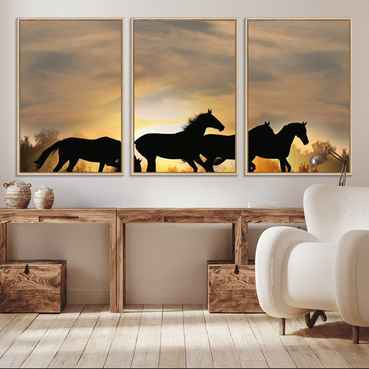 16620-MGV-CV-36X24-Sunset Stallions Wall Art – Silhouetted Horses Running Canvas Print, Nature’s Rhythm, Perfect for Living Room, Office, or Man Cave