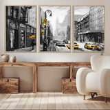 32362-MGV-CV-36X24-NYC Street Wall Art – Black and White Cityscape with Yellow Taxis and Umbrella Canvas Print, Urban Home Decor for Living Room or