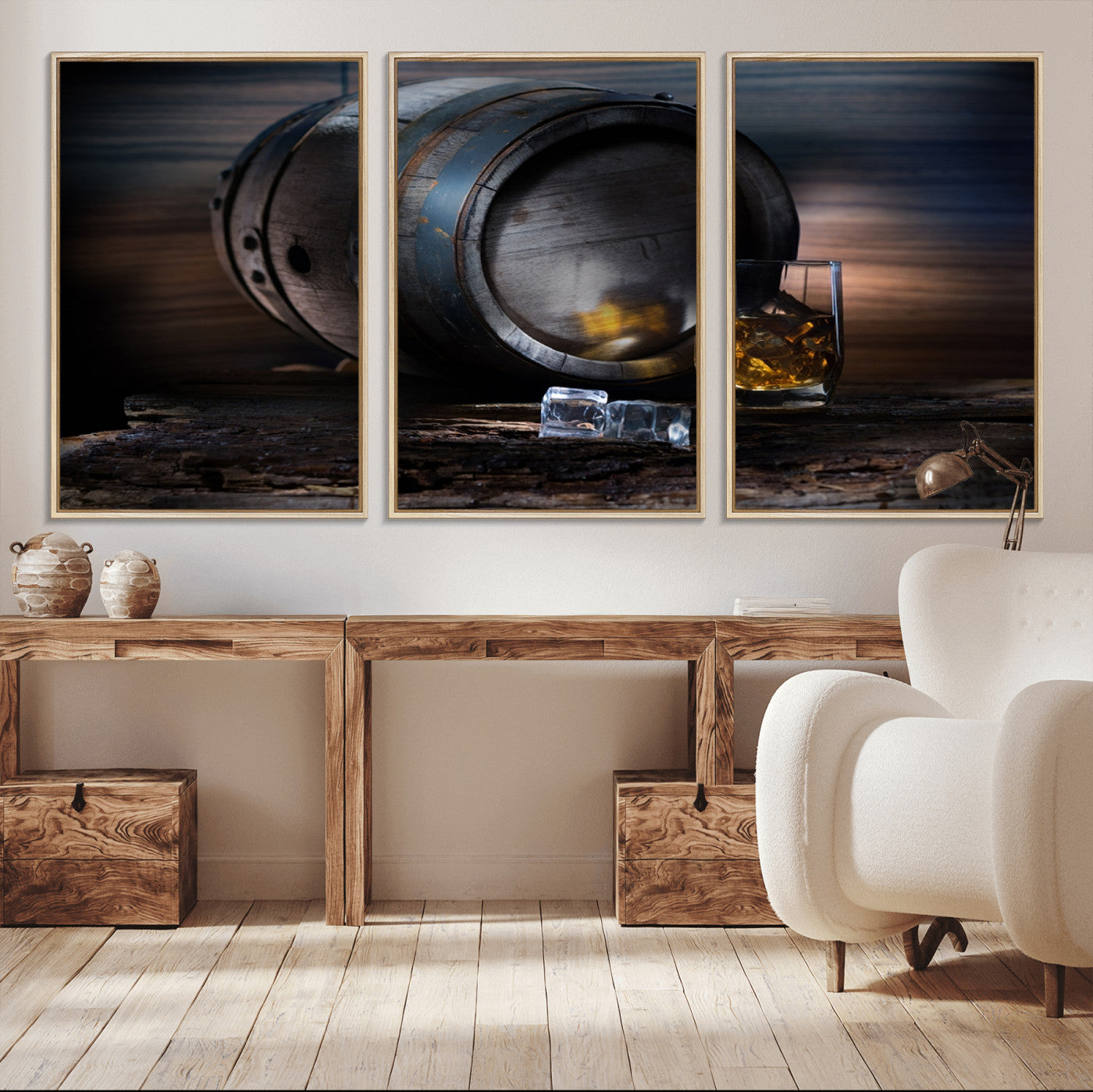 78049-MGV-CV-36X24-Whiskey Barrel Wall Art – Rustic Whiskey Barrel and Glass with Ice Canvas Print, Classic Bar or Lounge Decor for Home, Office, or