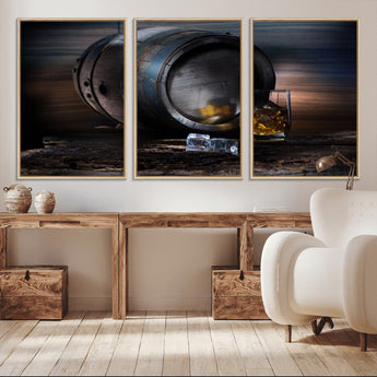 78049-MGV-CV-36X24-Whiskey Barrel Wall Art – Rustic Whiskey Barrel and Glass with Ice Canvas Print, Classic Bar or Lounge Decor for Home, Office, or