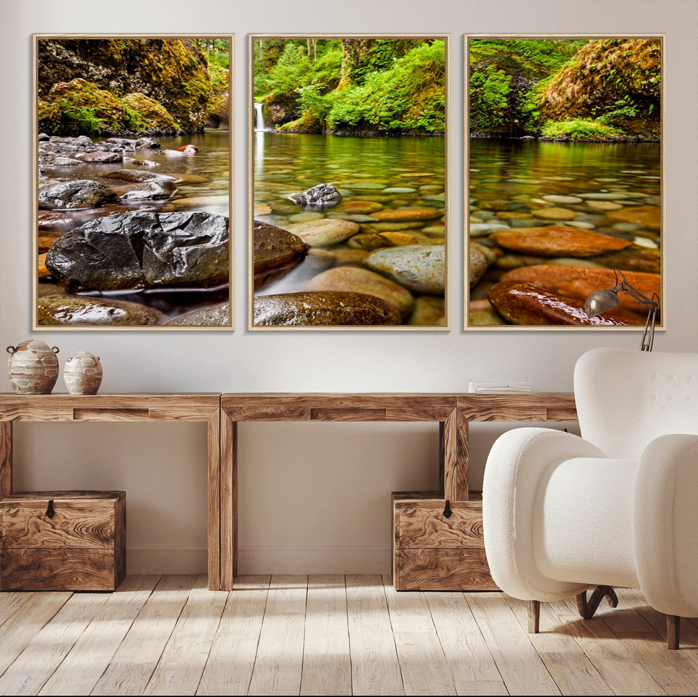 98096-MGV-CV-36X24-Serene River Waterfall Nature Photo – Calm Clear Water, Vibrant Green Forest and Smooth Stones Landscape Wall Art for Home or