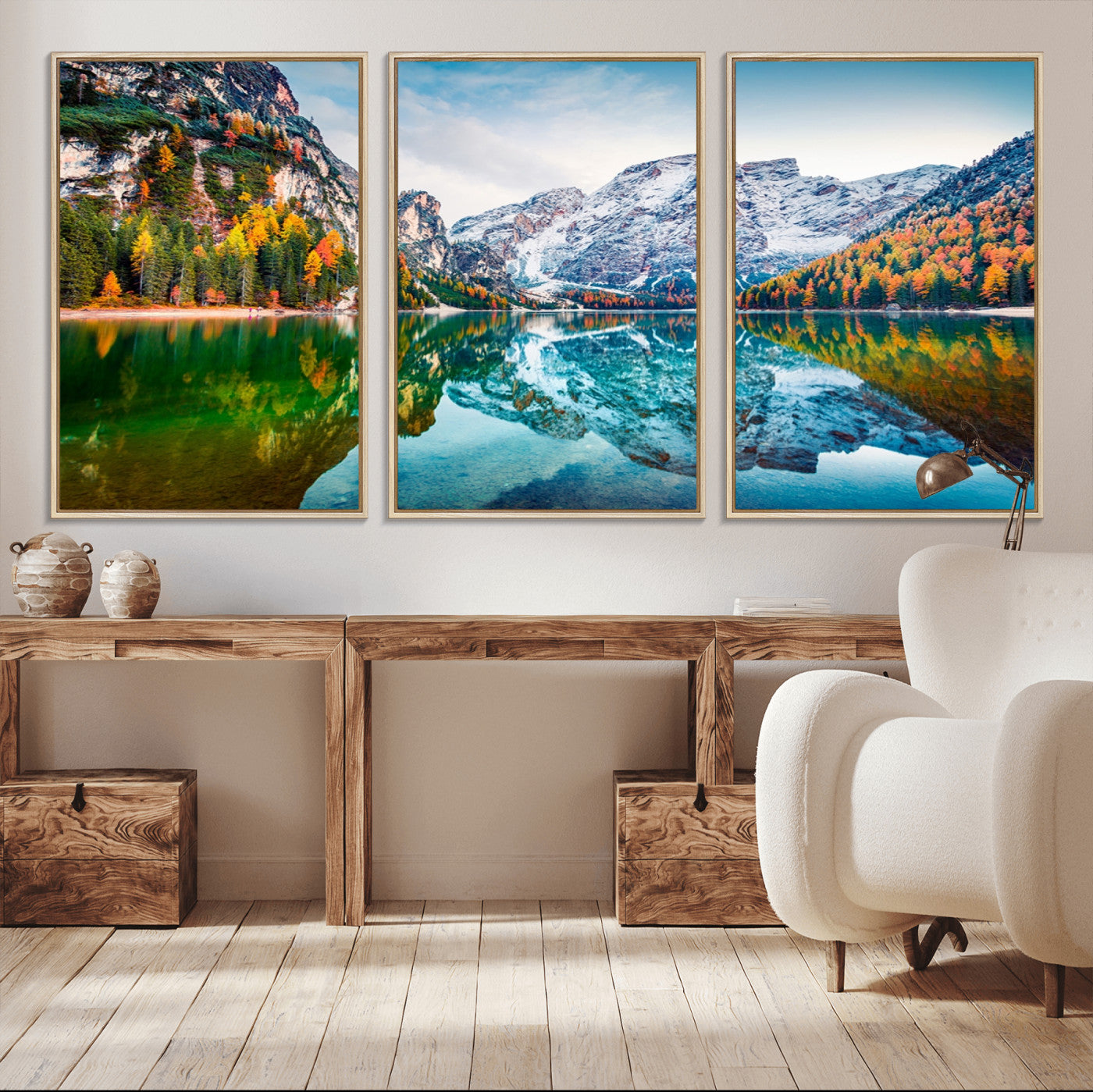 10402-MGV-CV-36X24-Snowy Mountain Lake Wall Art – Autumn Landscape Canvas Print with Reflection, Nature Decor for Living Room, Office, Bedroom or
