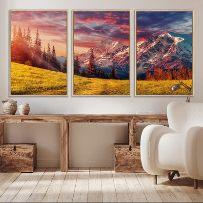 83947-MGV-FC-60X30-3P_Natural-Sunset Mountain Landscape Wall Art – Panoramic Alpine Meadow and Snow Capped Peaks Canvas Print, Nature Scenic Decor for Home,