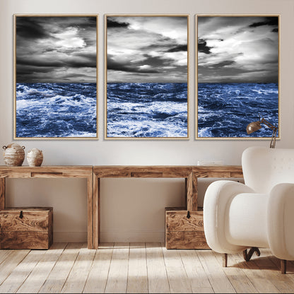 36012-MGV-CV-36X24-Dramatic Stormy Ocean Waves Black and White with Deep Blue Highlights – Moody Seascape Wall Art, Nature Photography Print for Home