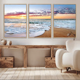 39560-MGV-FC-60X30-3P_Natural-Sunrise Beach Wall Art – Vibrant Ocean Waves and Golden Sand Canvas Print, Seaside Coastal Decor for Living Room, Bedroom or