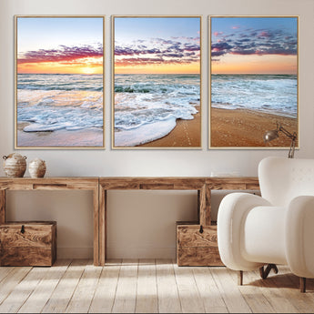 39560-MGV-FC-60X30-3P_Natural-Sunrise Beach Wall Art – Vibrant Ocean Waves and Golden Sand Canvas Print, Seaside Coastal Decor for Living Room, Bedroom or