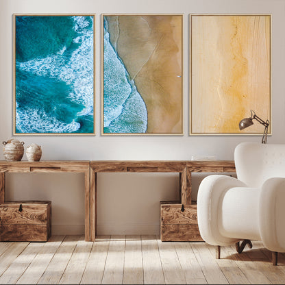 46640-MGV-CV-36X24-Aerial Beach Wall Art – Turquoise Waves and Golden Sand Canvas Print with Lone Surfer, Coastal Ocean Decor for Living Room,