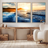 86173-MGV-CV-36X24-Golden Sunset Beach Wall Art – Reflective Ocean Canvas Print with Mountains and Waves, Coastal Nature Decor for Living Room,