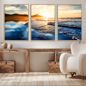86173-MGV-CV-36X24-Golden Sunset Beach Wall Art – Reflective Ocean Canvas Print with Mountains and Waves, Coastal Nature Decor for Living Room,