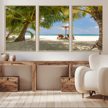 83601-MGV-CV-36X24-Tropical Beach Wall Art – Serene Palm Trees and Lounge Chairs Canvas Print, Relaxing Coastal Decor for Living Room, Bedroom or