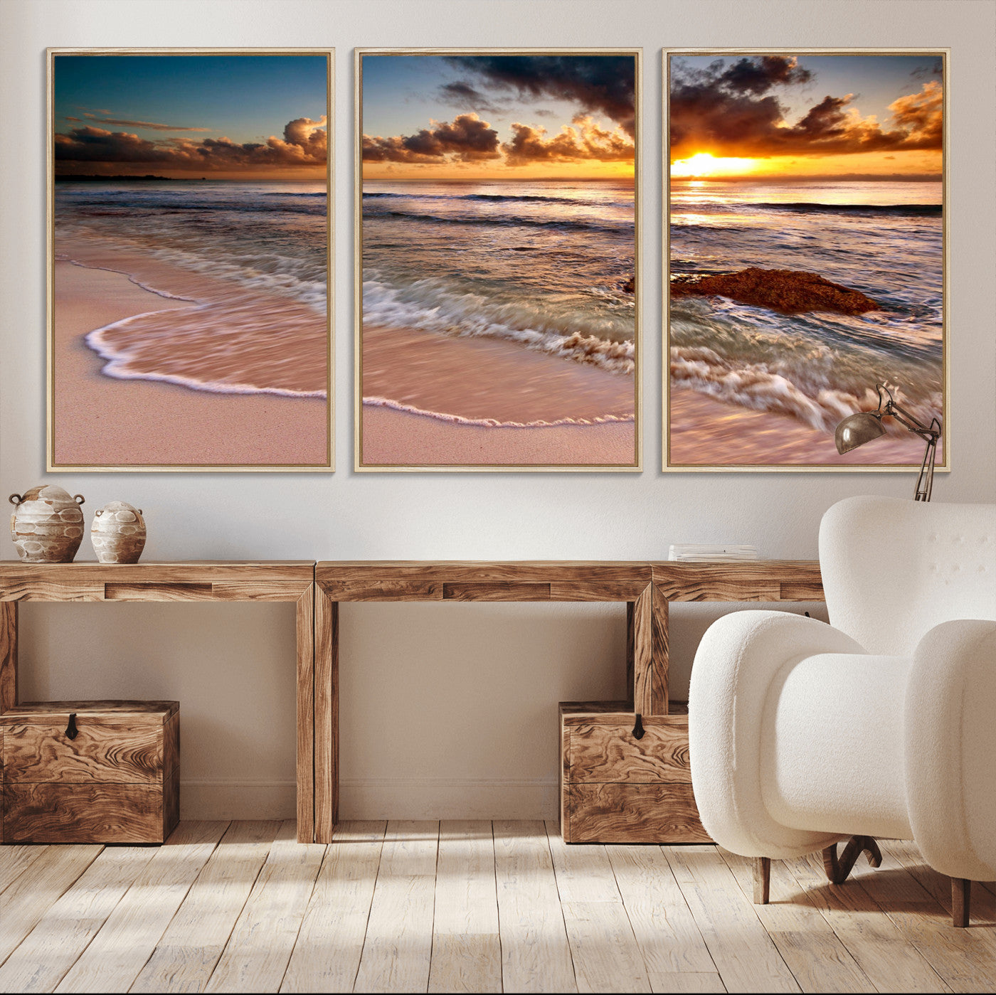 38302-MGV-FC-60X30-3P_Natural-Sunset Beach Wall Art – Stunning Ocean Waves and Rock Canvas Print, Warm Coastal Decor for Living Room, Bedroom, Office or Beach