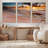 38302-MGV-FC-60X30-3P_Natural-Sunset Beach Wall Art – Stunning Ocean Waves and Rock Canvas Print, Warm Coastal Decor for Living Room, Bedroom, Office or Beach