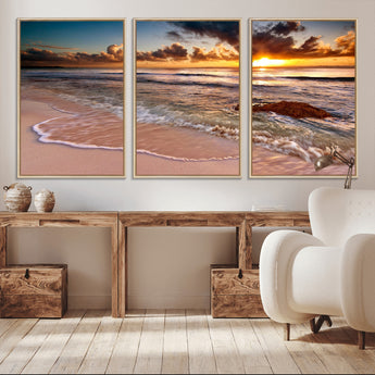 38302-MGV-FC-60X30-3P_Natural-Sunset Beach Wall Art – Stunning Ocean Waves and Rock Canvas Print, Warm Coastal Decor for Living Room, Bedroom, Office or Beach