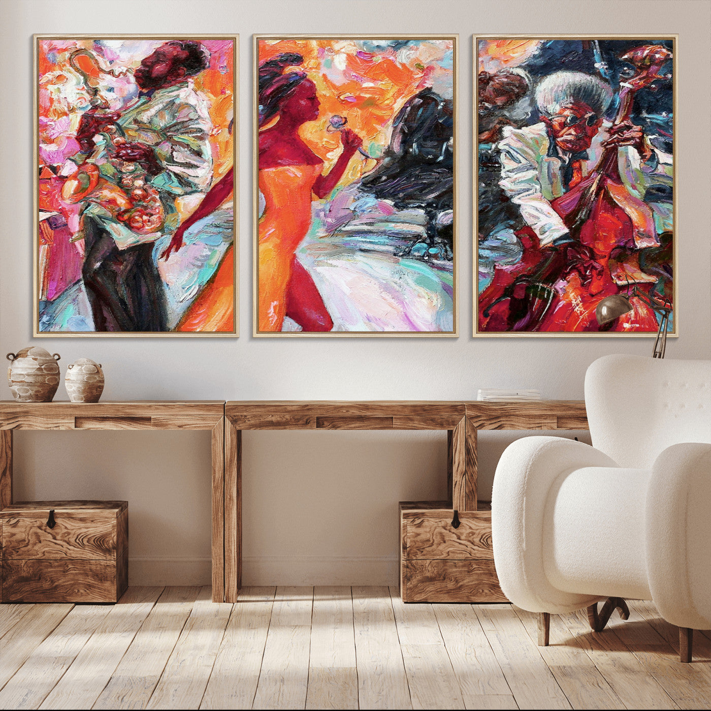 24452-MGV-CV-36X24-Vibrant Jazz Musician Painting - Expressive Art Print of Live Jazz Band, Perfect Wall Decor for Music Lovers and Art Enthusiasts
