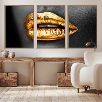 84747-MGV-CV-36X24-Golden Lips Black & White Portrait – Glamorous Metallic Lip Art Print, Modern Wall Decor for Bedroom, Beauty & Fashion Lover Gift