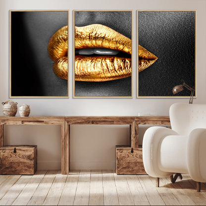 84747-MGV-CV-36X24-Golden Lips Black & White Portrait – Glamorous Metallic Lip Art Print, Modern Wall Decor for Bedroom, Beauty & Fashion Lover Gift