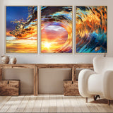 52890-MGV-CV-36X24-Surfing Wave Wall Art Canvas Print, Framed Sunset Ocean Art Picture Print, Ocean Wave Perfect Nautical Decor Artwork
