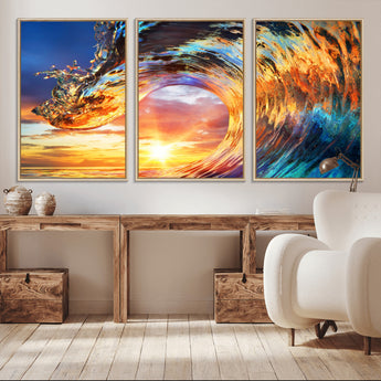 52890-MGV-CV-36X24-Surfing Wave Wall Art Canvas Print, Framed Sunset Ocean Art Picture Print, Ocean Wave Perfect Nautical Decor Artwork