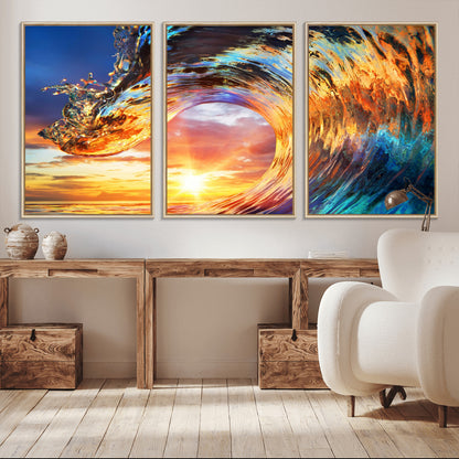 52890-MGV-CV-36X24-Surfing Wave Wall Art Canvas Print, Framed Sunset Ocean Art Picture Print, Ocean Wave Perfect Nautical Decor Artwork