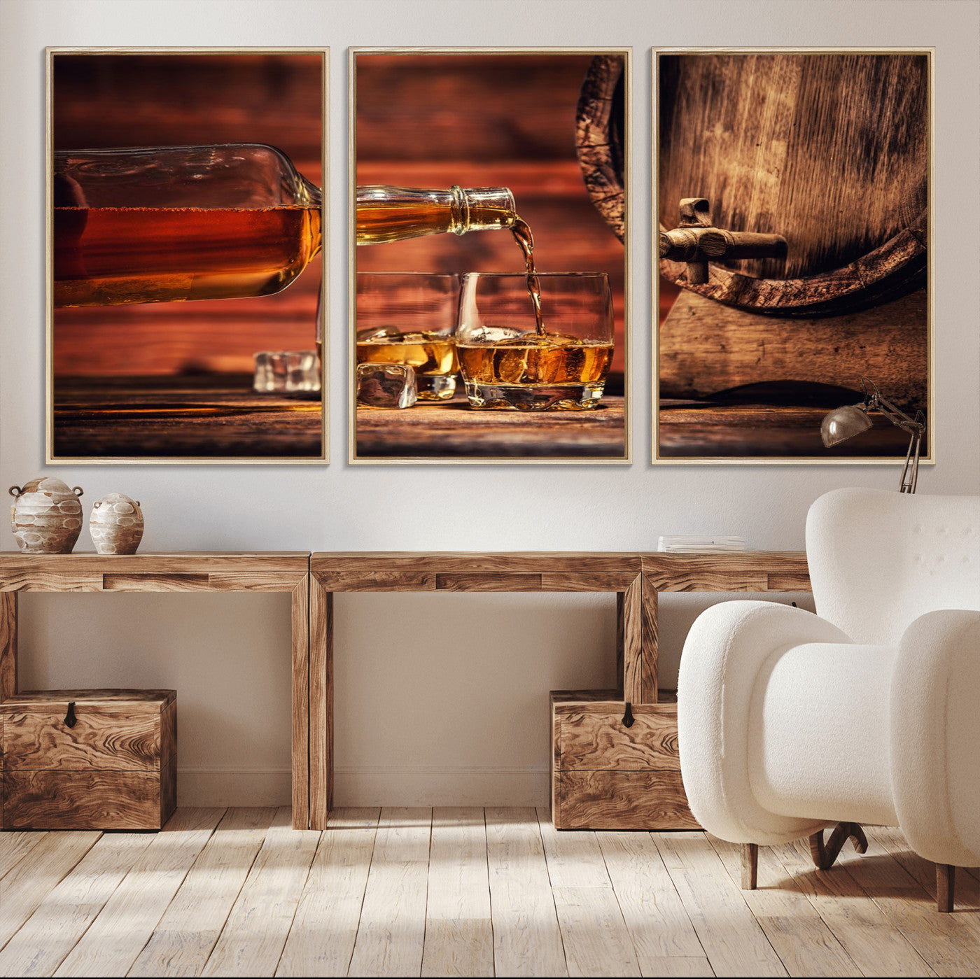 21266-MGV-FC-60X30-3P_Natural-Pouring Whiskey into Glasses with Ice – Rustic Wooden Barrel Background, Warm Ambient Lighting, Ideal Decor for Home or Office