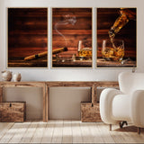 41139-MGV-CV-36X24-Whiskey and Cigar Still Life – Glasses with Ice and Pouring Amber Drink on Wooden Table with Smoke, Elegant Bar or Lounge Wall