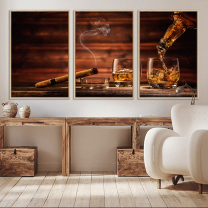 41139-MGV-CV-36X24-Whiskey and Cigar Still Life – Glasses with Ice and Pouring Amber Drink on Wooden Table with Smoke, Elegant Bar or Lounge Wall