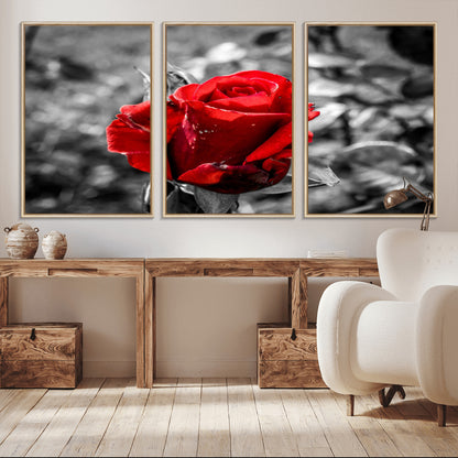 84671-MGV-CV-36X24-Red Rose Wall Art – Vibrant Single Bloom Canvas Print with Black and White Background, Elegant Floral Decor for Living Room,