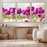 30632-MGV-CV-36X24-Purple Tulip Field Wall Art – Beautiful Spring Flowers Canvas Print with Soft Focus and Bright Sky, Ideal Floral Decor for Home or