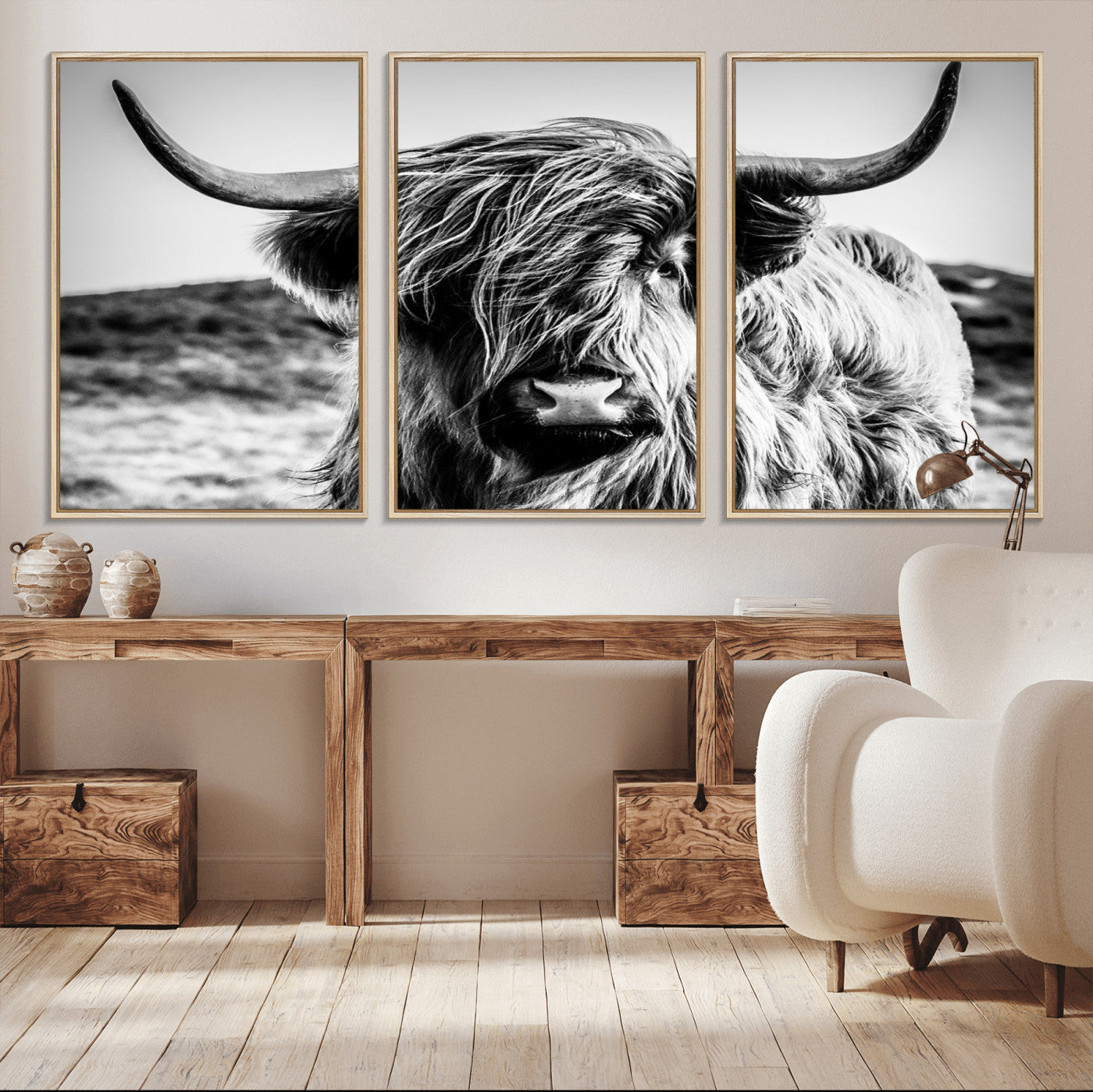 36979-MGV-CV-36X24-Striking black-and-white portrait of a Highland cow with flowing fur and majestic horns, perfect for rustic and elegant home or