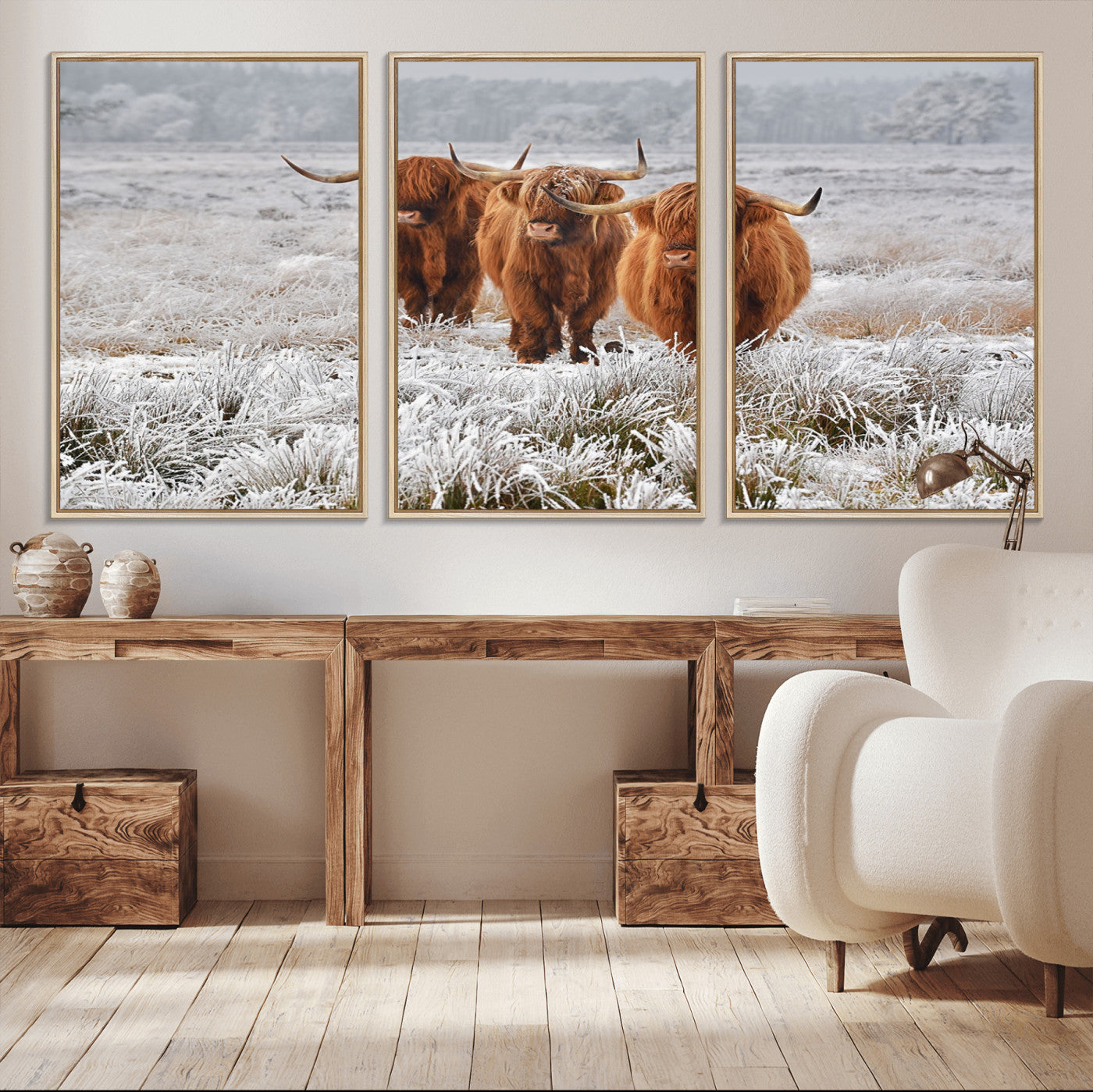 10396-MGV-CV-36X24-Highland Cattle Wall Art – Rustic Winter Landscape Canvas Print, Farmhouse Decor for Living Room, Office, Cabin or Country Home
