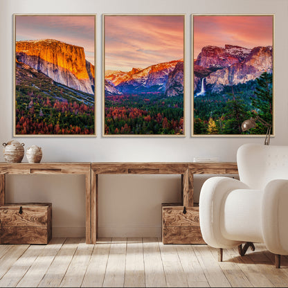 24519-MGV-CV-36X24-Yosemite Valley Sunset Wall Art – Majestic Mountain Landscape with Waterfall and Vibrant Sky, Nature Photography for Home or