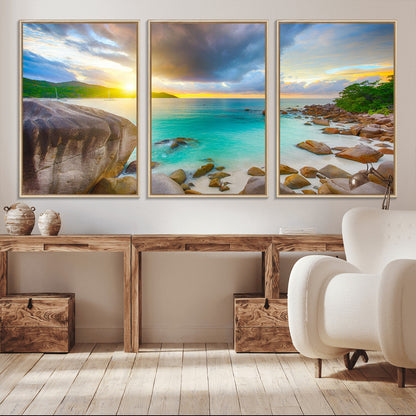 23769-MGV-CV-36X24-Tropical Beach Sunset Wall Art – Ocean Waves and Rocky Shore Canvas Print, Coastal Seascape Photography Decor