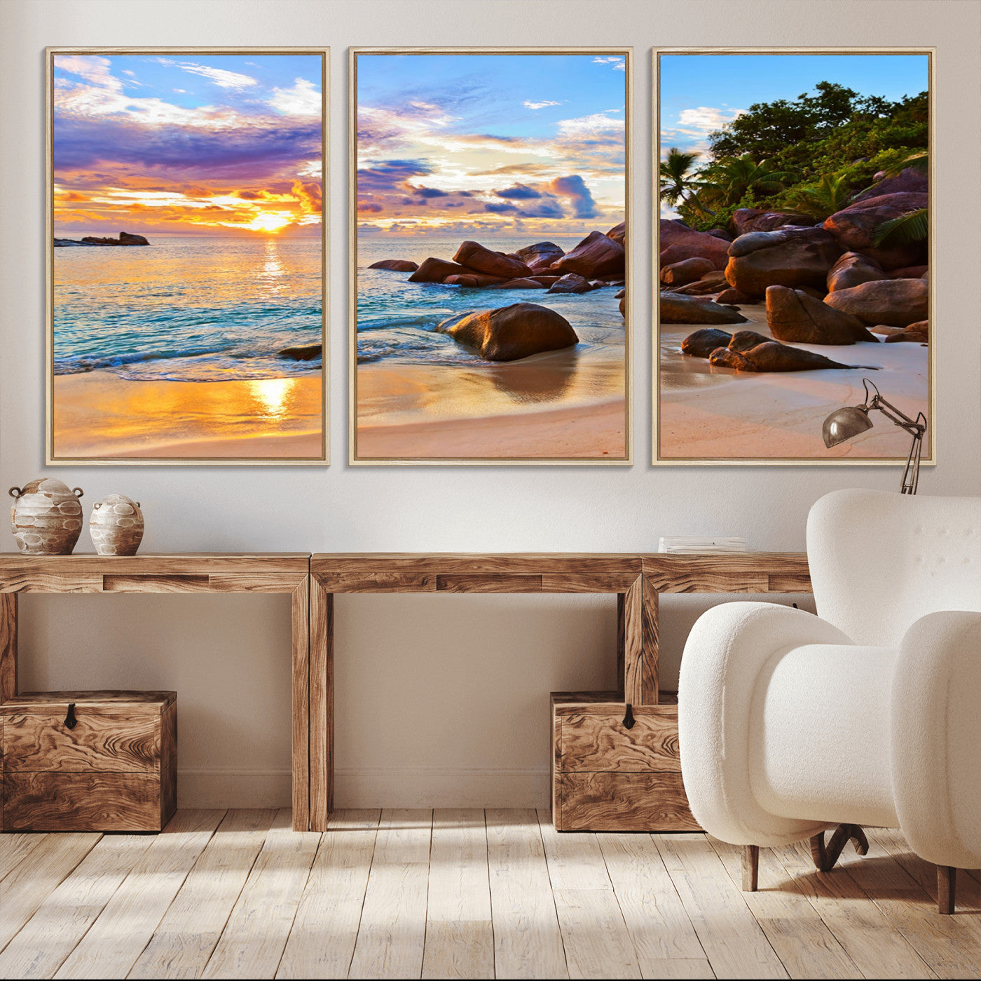 43209-MGV-CV-36X24-Tropical Beach Sunset Wall Art – Golden Ocean Waves and Palm Trees with Rocky Shore Canvas Print, Coastal Seascape Decor for