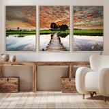 29105-MGV-CV-36X24-Rustic Wooden Bridge Wall Art – Scenic Sunset Over Rice Fields and Reflective Water Canvas Print, Nature Landscape Decor for