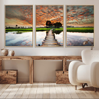 29105-MGV-CV-36X24-Rustic Wooden Bridge Wall Art – Scenic Sunset Over Rice Fields and Reflective Water Canvas Print, Nature Landscape Decor for