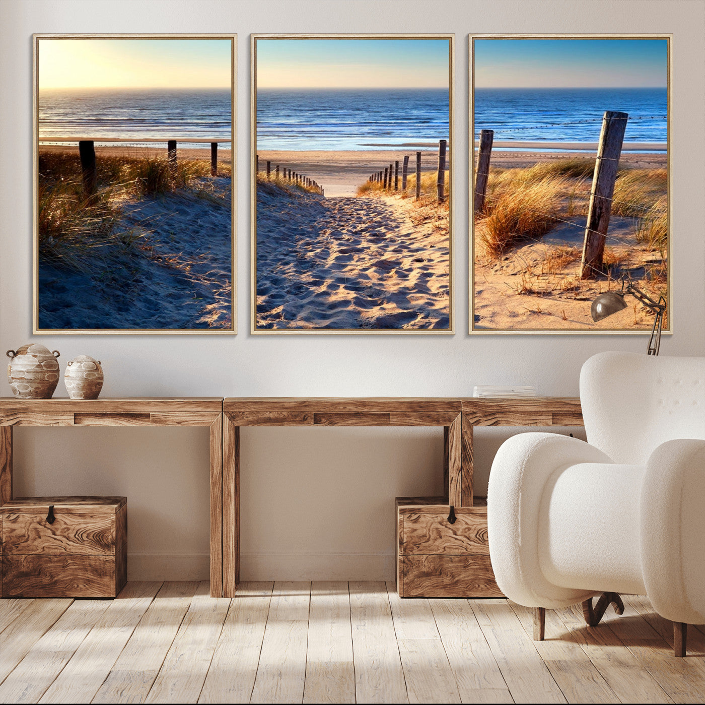 31889-MGV-CV-36X24-Sandy Beach Pathway Wall Art – Coastal Dune Fence and Ocean View Canvas Print, Relaxing Seaside Landscape Decor for Living Room or