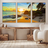 26181-MGV-CV-36X24-Golden Tropical Sunset Beach Wall Art – Ocean Canvas Print with Palm Trees and Rocks, Coastal Paradise Decor for Living Room or