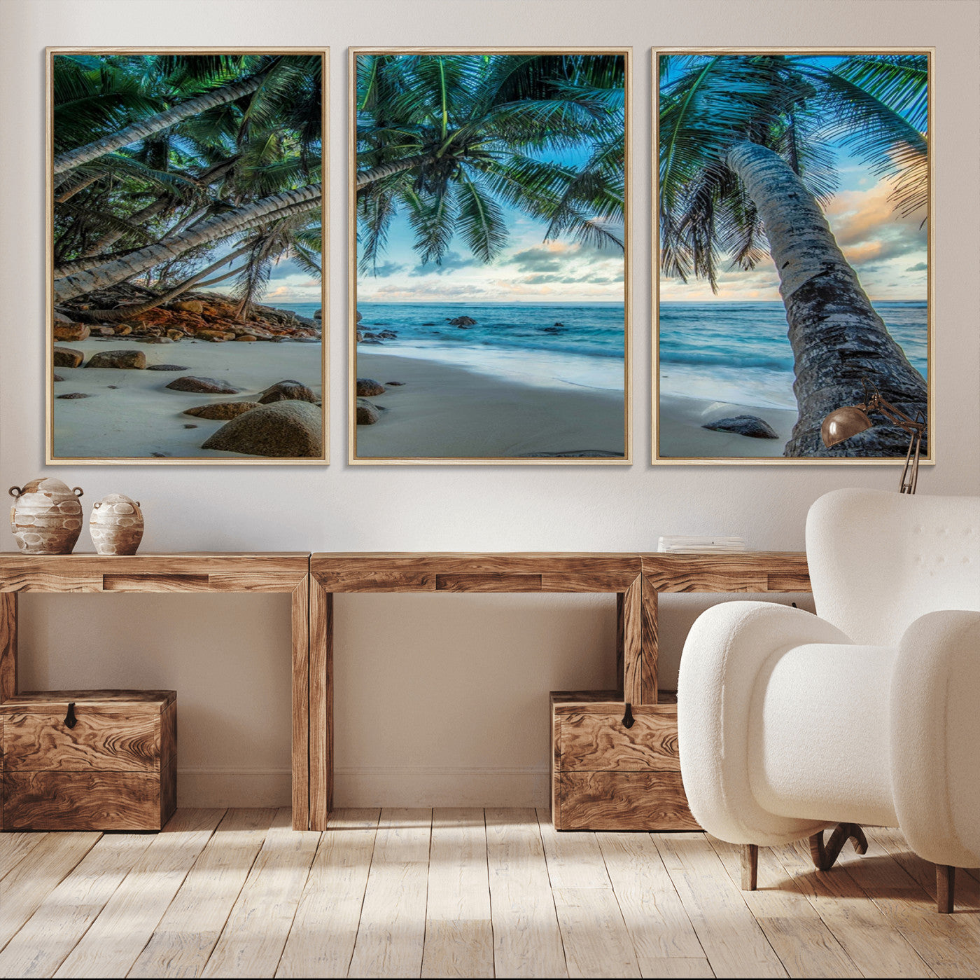 39679-MGV-CV-36X24-Tropical Palm Beach Wall Art – Serene Ocean Canvas Print with Palm Trees and Rocks, Coastal Paradise Decor for Living Room or