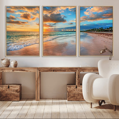 41572-MGV-CV-36X24-Sunset Beach Wall Art – Ocean Waves and Palm Trees Canvas Print, Tropical Coastal Sunset Seascape Decor for Living Room, Bedroom