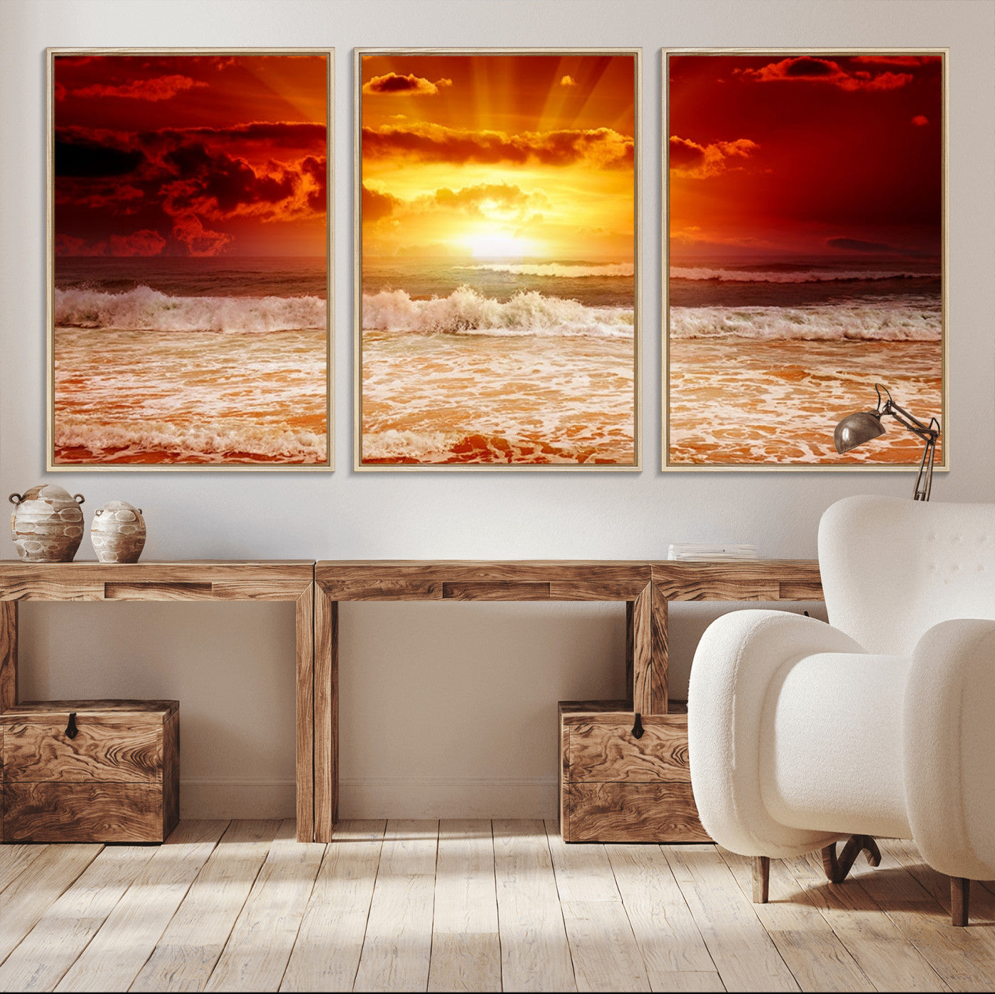 60211-MGV-FC-60X30-3P_Natural-Fiery Sunset Ocean Waves Canvas Print – Vibrant Red & Orange Coastal Wall Art, Dramatic Seascape Decor
