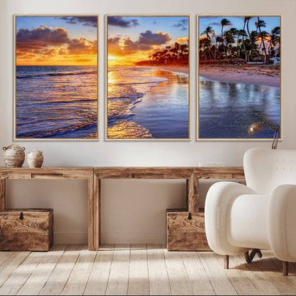 19917-MGV-CV-36X24-Tropical Sunset Beach Wall Art – Panoramic Palm Trees and Ocean Canvas Print, Vibrant Coastal Decor for Living Room, Office or Man